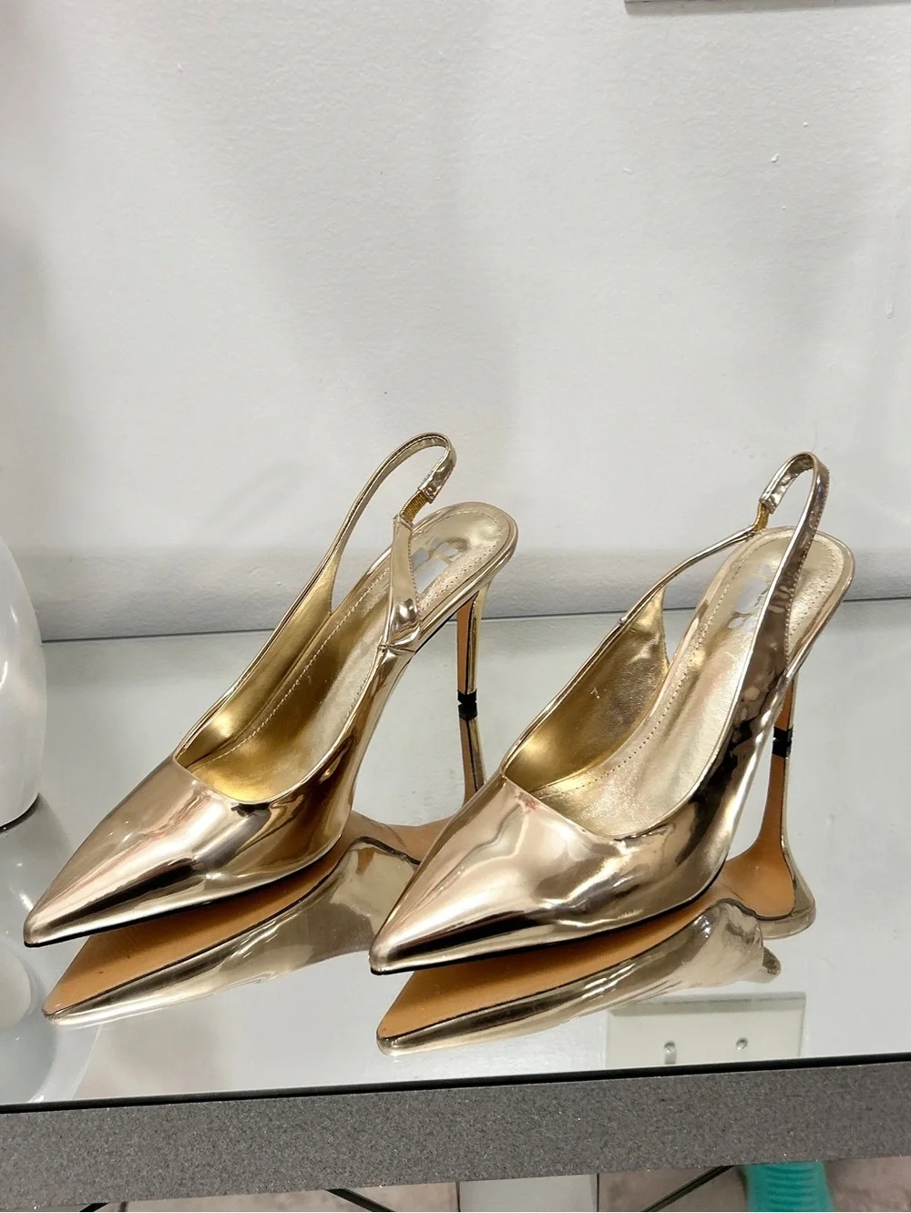 Gold Mirror Metallic Slingback Heels Pointed Toe Stiletto Pumps NEW